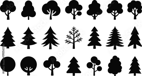 Minimal black tree silhouette icon set showing forest, pine, and deciduous trees isolated on white background for nature, ecology, and graphic design projects