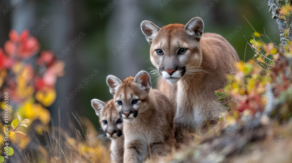 Fototapeta premium Cougar queen protecting two mountain lion cubs