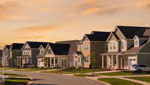 Картината върху платно Suburban Neighborhood Street with Row of Houses Under Warm Sunset Sky