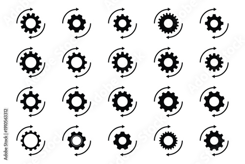 Collection of cogwheel and circular arrow icons isolated on white background. Black vector symbols showing settings, refresh, update, rotation and continuous process concepts for technology.