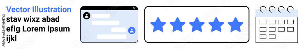 Obraz premium User experience, design tools, communication apps, task scheduling, reviews, productivity. Chat interface, star rating calendar icons. User experience and design tools concept