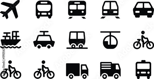 Transportation and travel icon set, airplane bus train car bicycle ship cable car truck and public transit symbols isolated on white background