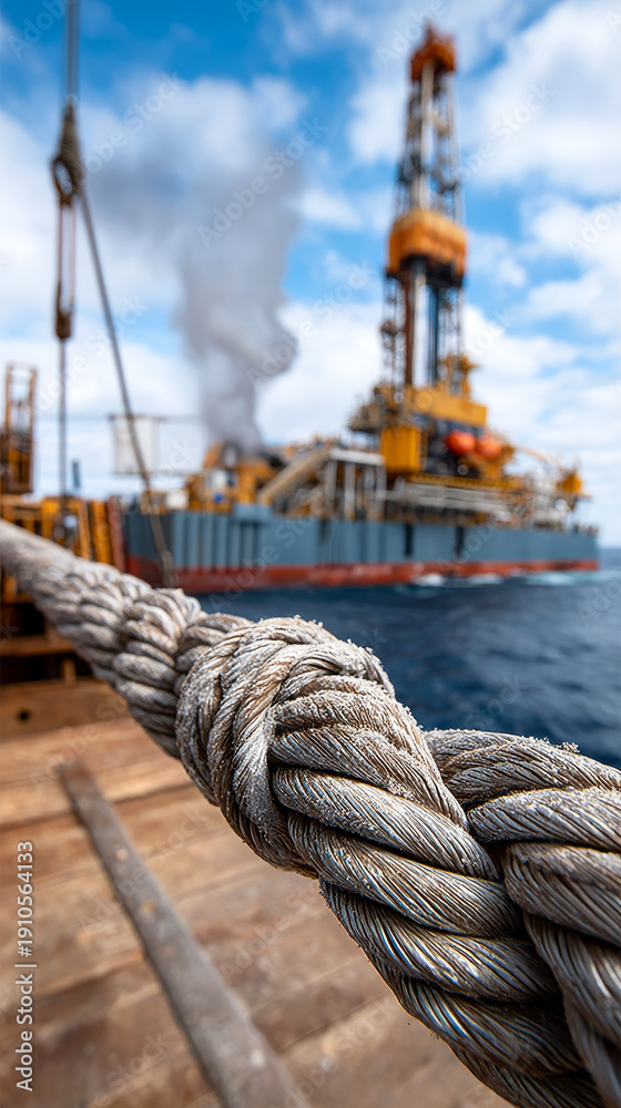 Obraz premium Rope connects to oil drilling rig at sea. A thick rope is tied to an oil drilling rig. The rig is in the ocean under a cloudy sky. Smoke rises from the rig.