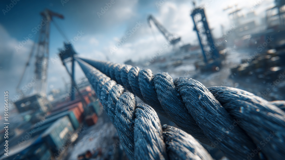 Obraz premium Rope leading to the shipyard in winter. Rope is shown in focus with a shipyard behind it. Cranes and shipping containers are in the background.