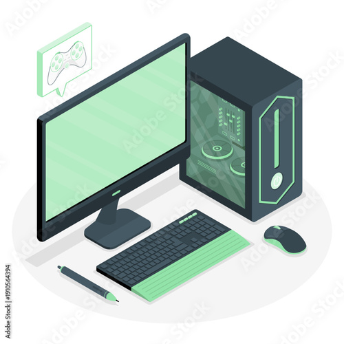 Isometric illustration of a modern desktop computer setup with monitor, keyboard, mouse, and stylus
