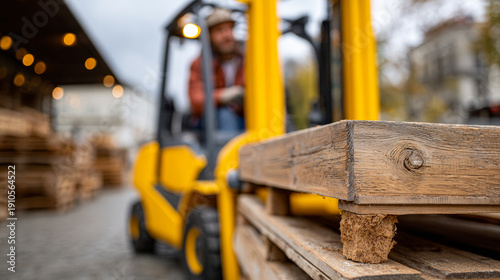 Forklift shifts pallets in warehouse. A forklift lifts wooden pallets in a warehouse. The worker drives the machine to transport the pallets safely.