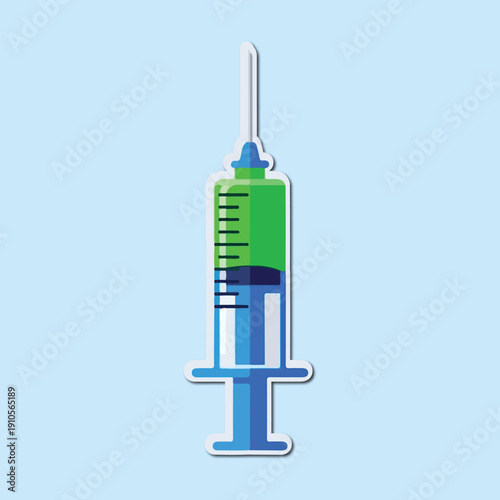 Injection: A single syringe filled with blue and green medicine, set against a calming light blue backdrop, symbolizing health, treatment, and medical care. 
