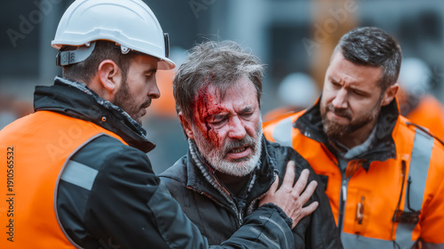 Workers aid injured man onsite. Two workers help a man who is injured and bleeding at a construction site. It appears to be a serious situation.
