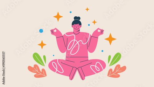 Yoga pose, Woman Meditating in Lotus Position with Decorative Plants on Beige Background Illustration