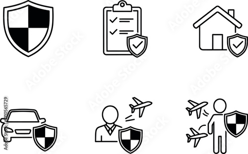Six clean vector icons featuring shields and symbols for home, car, life, and travel insurance in a modern style Adobe Illustrator Artwork