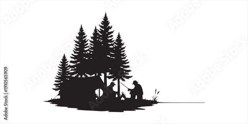 A group enjoys outdoor activities like camping hiking and a campfire depicted in a striking black silhouette high quality professional detailed