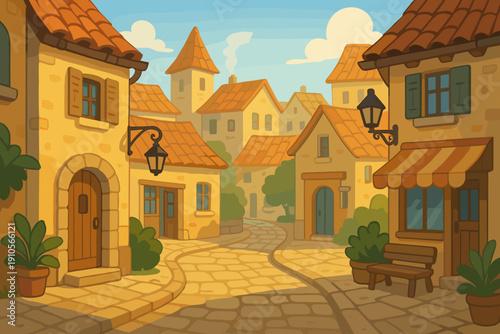 Charming European village street scene with cobblestones and terracotta roofs bathed in sunlight