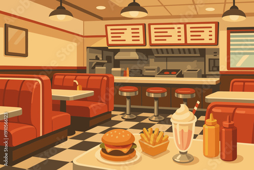 Retro diner interior with red booths, counter seating, and classic American fast food meal