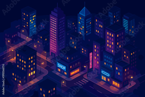 Isometric city skyline at night with glowing buildings and streetlights
