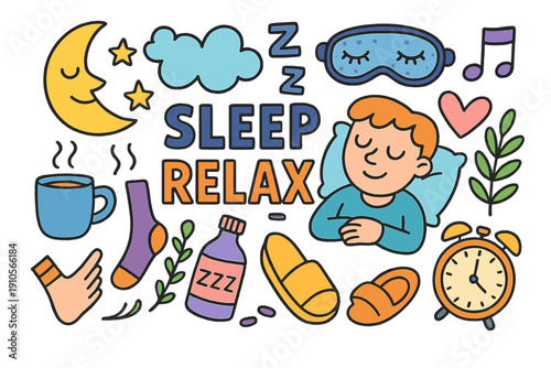 Illustration of sleep and relaxation elements with text "SLEEP RELAX"