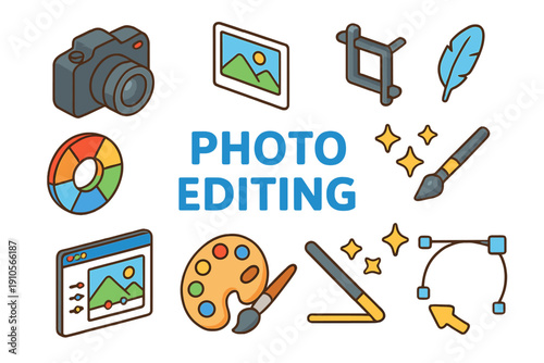 Creative photo editing icons and tools for digital art and graphic design