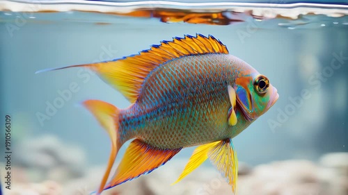 Colorful Fish Swimming in Aquarium Water.