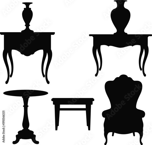 Elegant vintage furniture set with ornate console tables, decorative vases, armchair and round pedestal table, black silhouette vector illustration isolated on white background