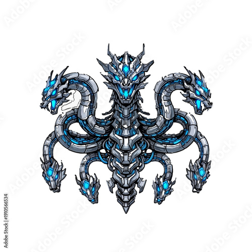 Epic Robotic Five-Headed Hydra Creature with Glowing Blue Eyes, isolated white background
