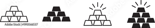 Set of gold bar icons in outline and solid fill styles with shining effect.
