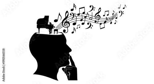 A person drinking coffee and thinking musically, silhouette of a man with cup and musical notes