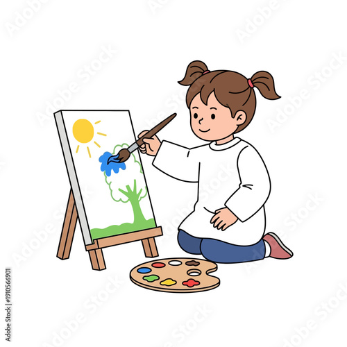 Young girl painting a colorful picture on an easel with a brush.