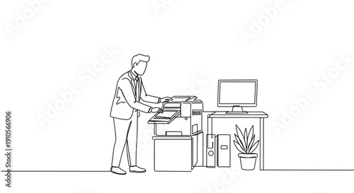 Line drawing of a businessman using a photocopier in an office setting with a computer and a plant on a desk on a transparent background