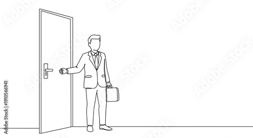 Line drawing of a businessman entering a room holding a briefcase and opening a door on a transparent background