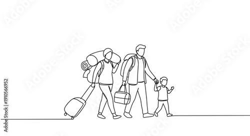 Line drawing of a family with a parent and child carrying bags while walking together on a transparent background