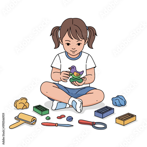 Young girl engaged in creative play with modeling clay and tools.