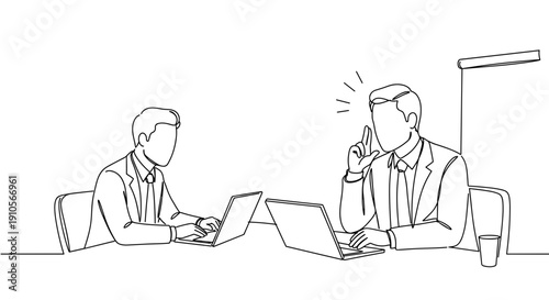 Line drawing of two business professionals discussing ideas in an office setting on a transparent background