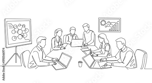 Line drawing of a diverse group of people collaborating in a meeting room around a table with laptops and a projector on a transparent background