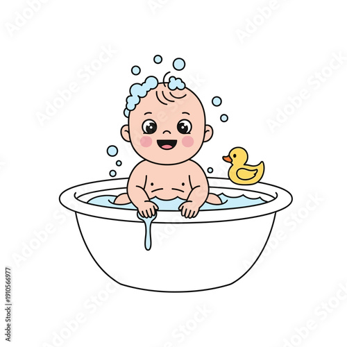 Adorable baby taking a bath with rubber duck toy.
