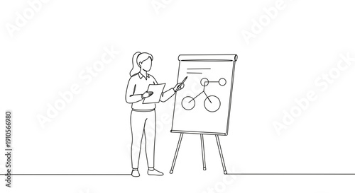 Line drawing of a businesswoman presenting a diagram on a flip chart in an office setting on a transparent background