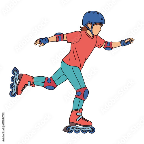 Young woman rollerblading with protective gear on a white background.