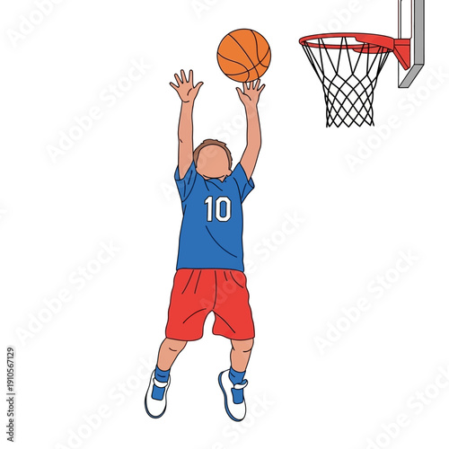 Young basketball player jumping to score a slam dunk.
