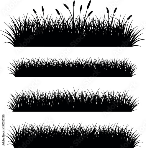 Grass Silhouette Vector Set Black Meadow and Reed Border Illustrations