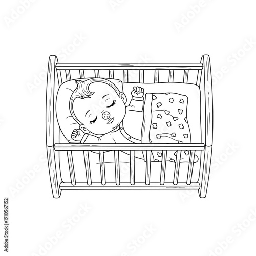 A baby sleeping peacefully in a crib with a soft toy.
