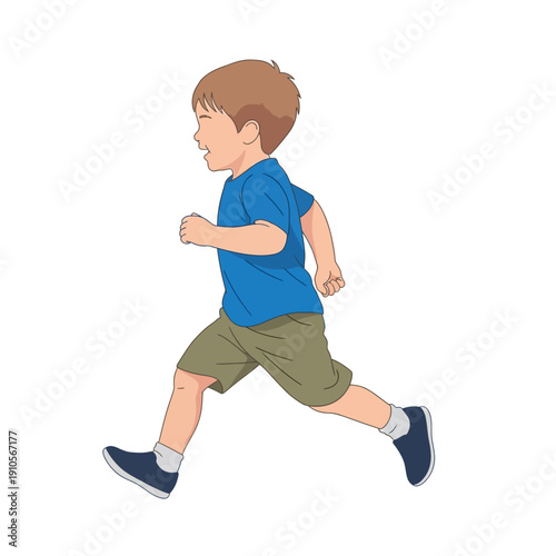 Young boy running with determination and energy in casual clothes.