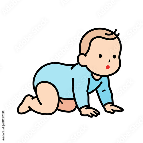Cute cartoon baby crawling on all fours with surprised expression.