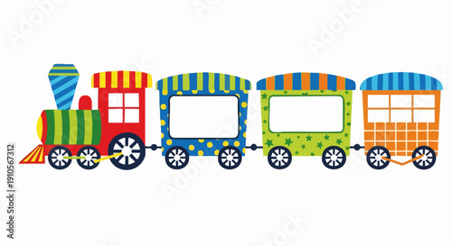 Cartoon vector train with colorful polka dot and striped carriages, blank frames for text, isolated on white