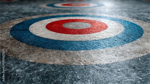 Curling target house on icy surface under dramatic winter sky,Close view of curling rink rings on frozen outdoor ice,Winter sports concept featuring curling house on textured ice