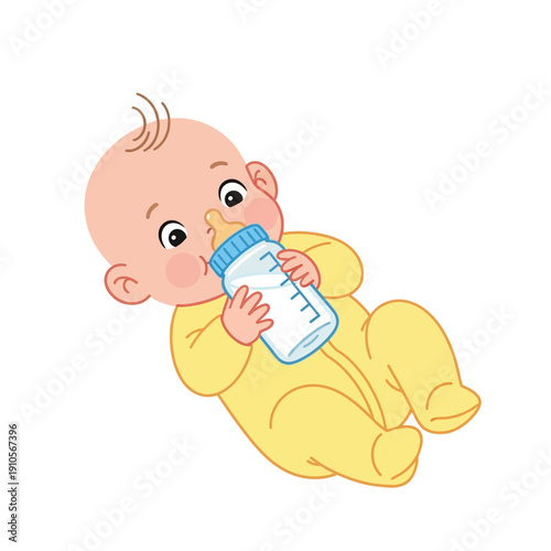 Adorable baby boy drinking from a baby bottle.