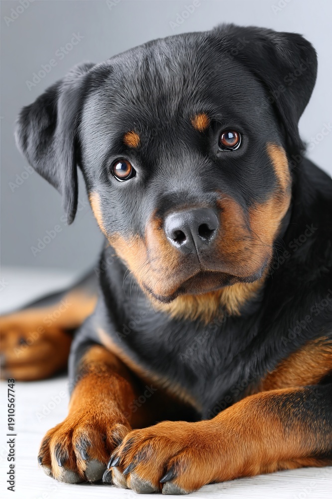 Obraz premium Charming Rottweiler Puppy with Captivating Gaze Posed Against a Soft Gray Background, Close Up