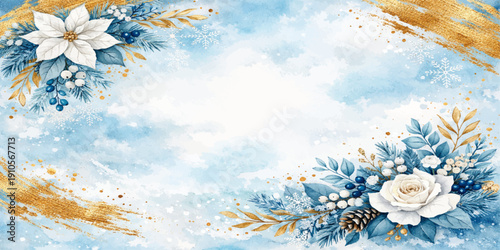 Blue winter background with snowflakes and frost patterns creates a seasonal Christmas card design featuring holiday decorations and nature elements in a vector illustration frame
