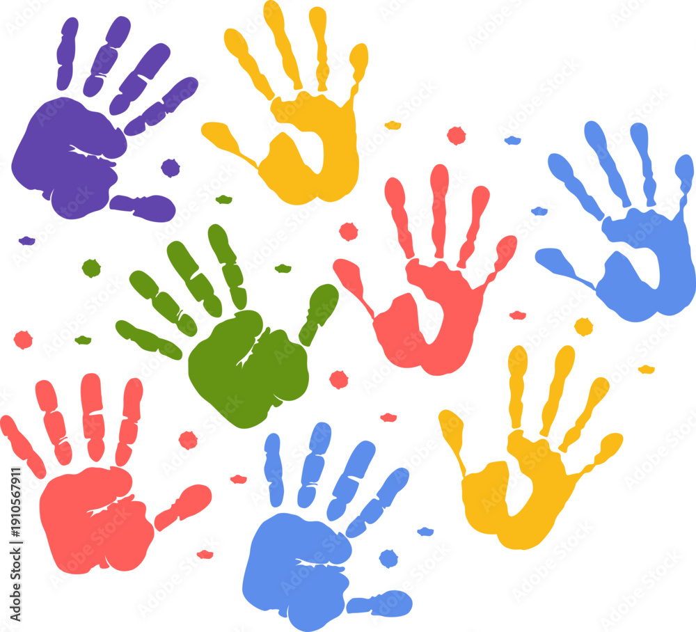 Obraz premium Hand rainbow print isolated on white background. Color child handprint. Creative paint hands prints. Happy childhood design. Artistic kids stamp, bright human fingers and palm. Vector illustration