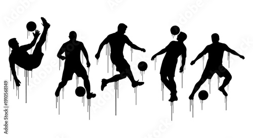 Dynamic Silhouettes of Soccer Players in Active Poses, Graphic Vector Illustration with Dripping Effect for Sports Designs