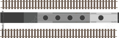Top‑down vector illustration of stylized train on parallel railway tracks with segmented cars, showcasing transportation design and educational graphic concepts