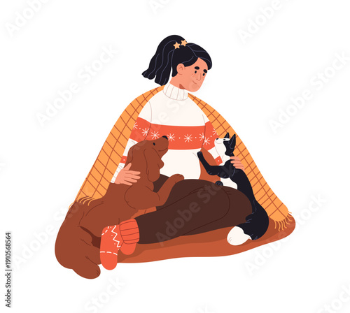 Happy girl in Christmas ugly sweater sits on floor with her domestic animals. Woman under plaid petting cat and dog. Owner, kitty and puppy relax together. Flat isolated vector illustration on white.