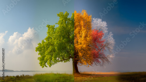 Tree changing seasons from green to autumn winter